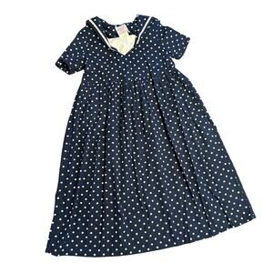 VTG Y2K Laura Ashley Girls Maxi Dress Size 7 Navy Blue Polka Dot